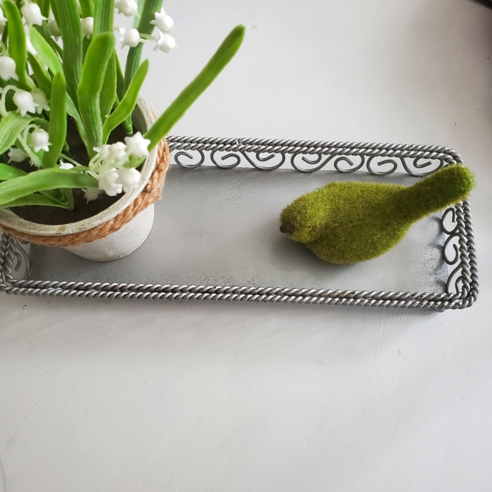Grey silver metal oblong rectangular tray